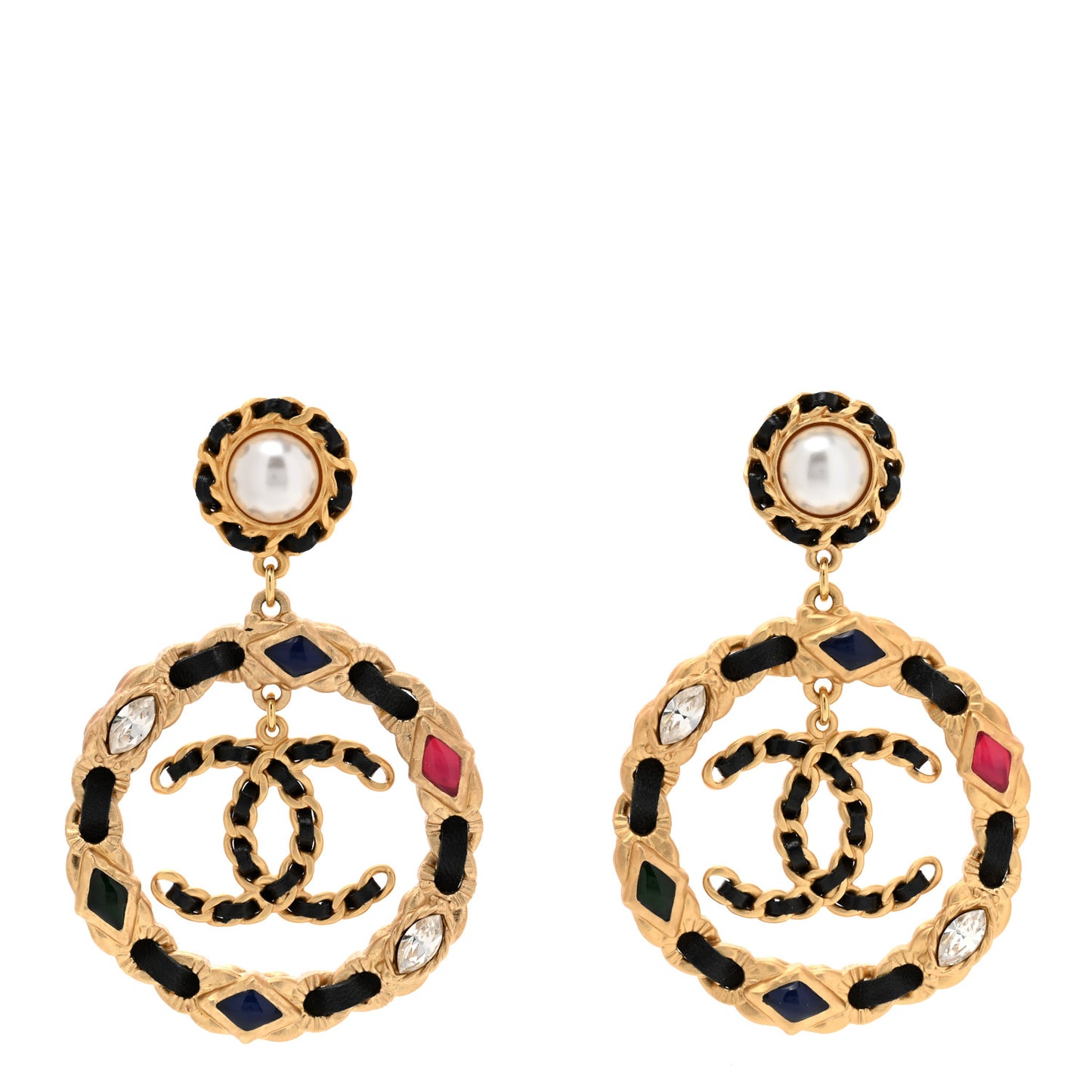 Lambskin Calfskin Pearl CC Hoop Earrings Gold Black Multicolor