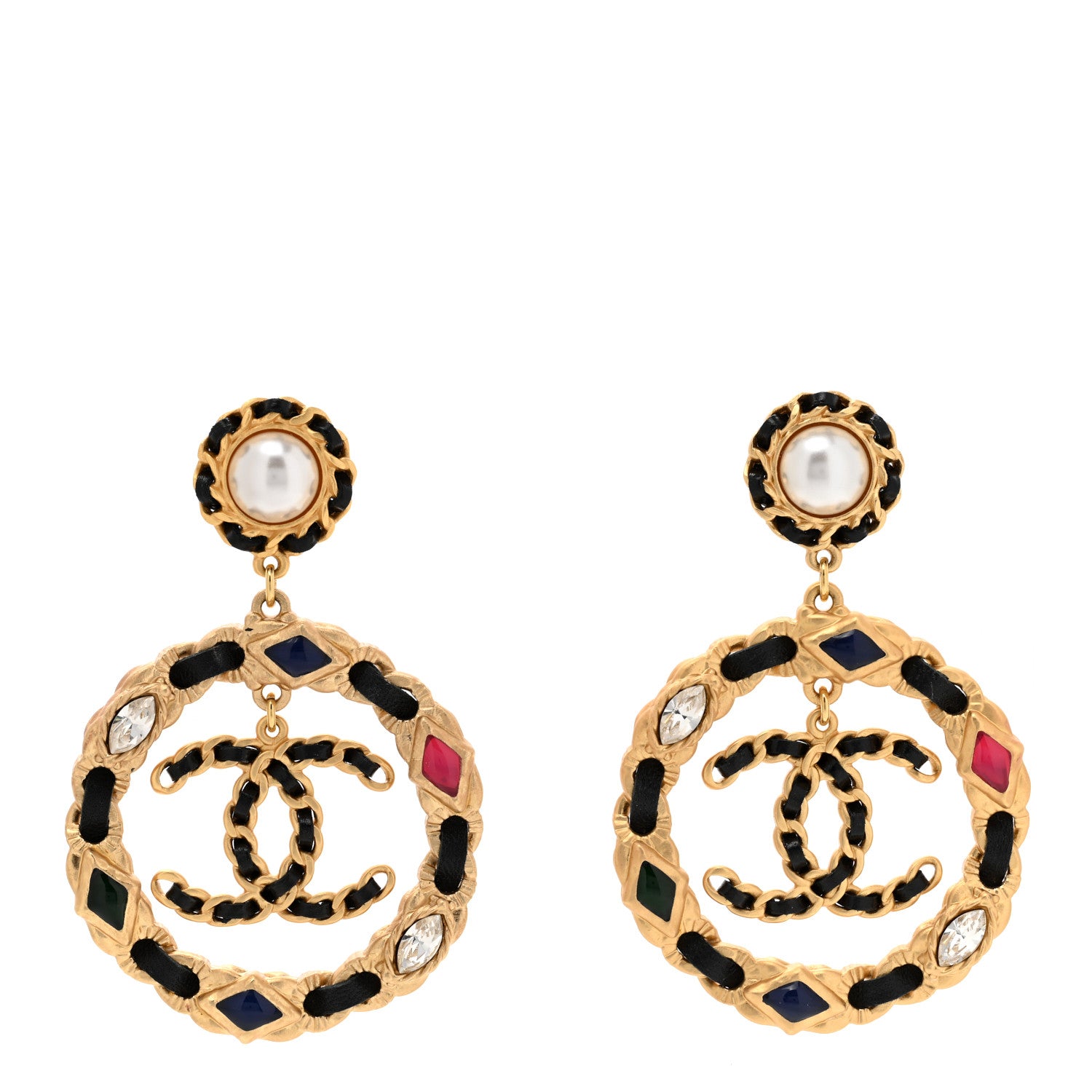 Chanel Lambskin Calfskin Pearl CC Hoop Earrings Gold Black Multicolor 1 of 4