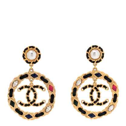 Chanel Lambskin Calfskin Pearl CC Hoop Earrings Gold Black Multicolor 1 of 4