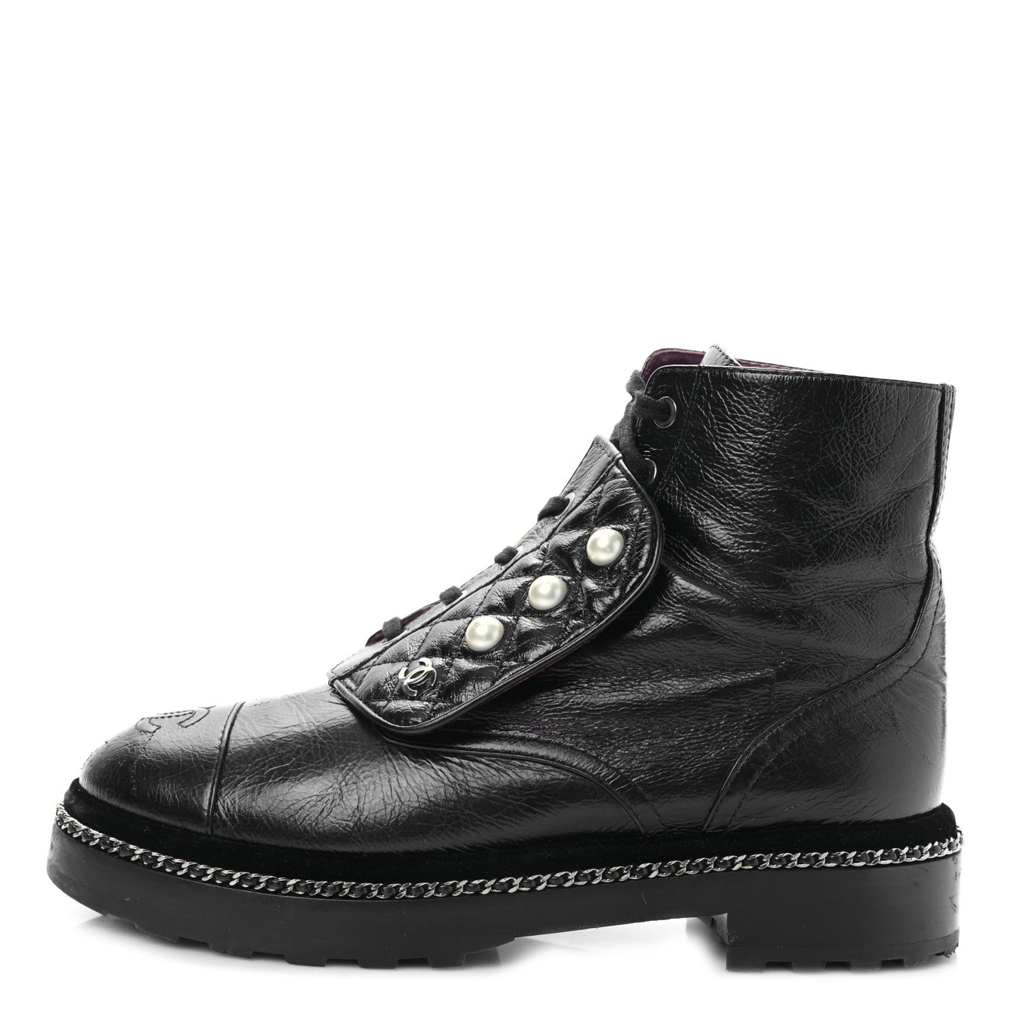 Crackled Calfskin Velvet Pearl Combat Short Boots 38.5 Black