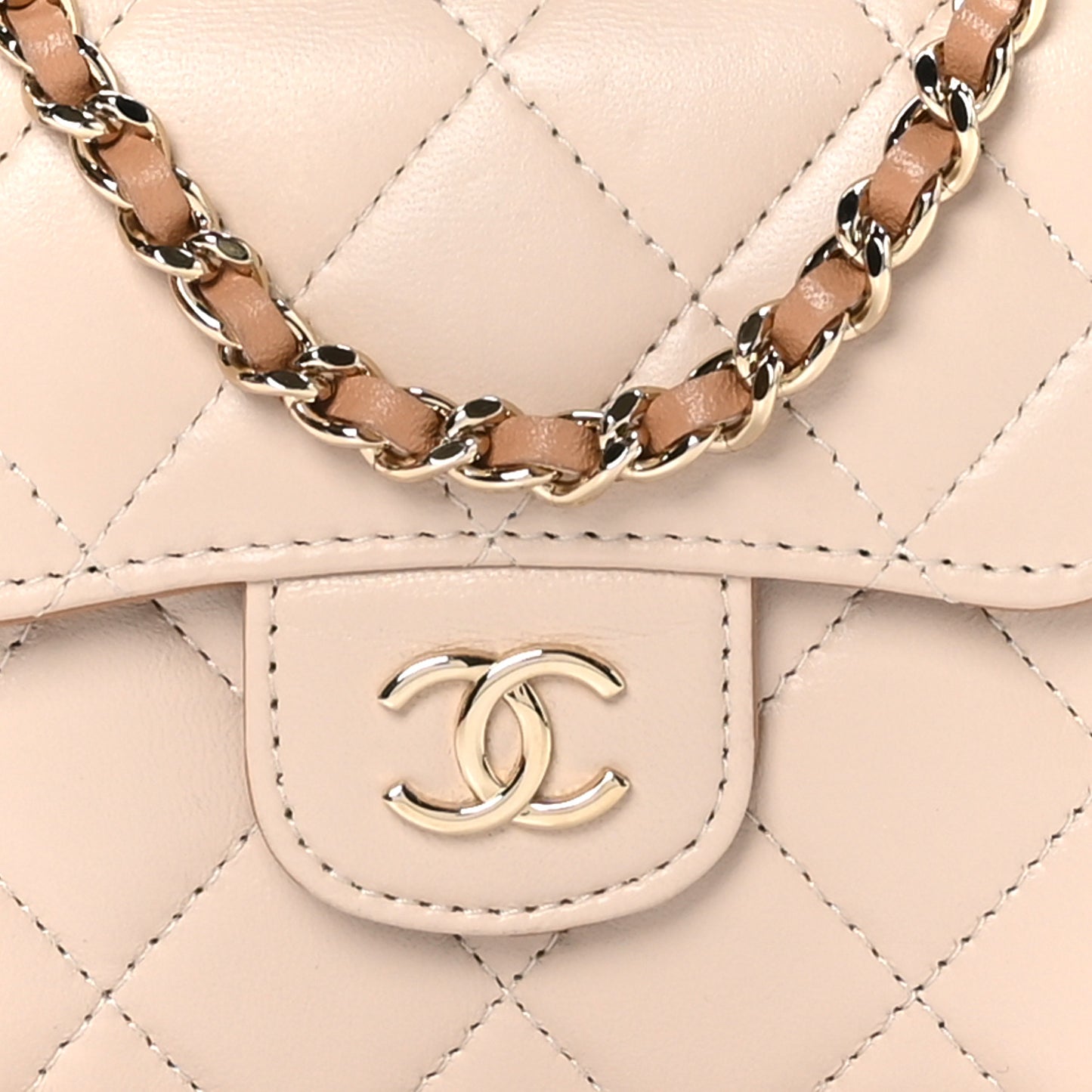 Lambskin Quilted Bi-Color Top Handle Clutch With Chain Beige Brown