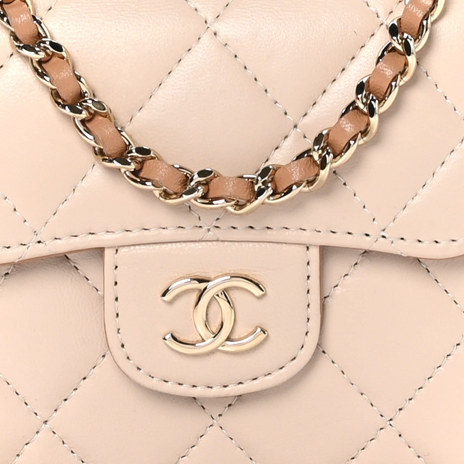 Chanel Lambskin Quilted Bi-Color Top Handle Clutch With Chain Beige Brown 9 of 12