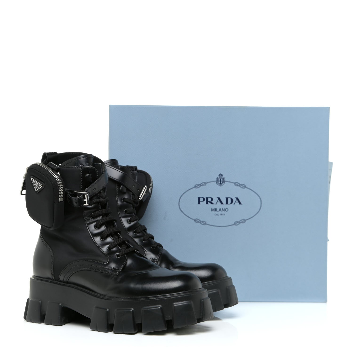 Prada Spazzolato Rois Nylon Metal Triangle Logo Monolith Pouch Pocket 55mm Boots 39.5 Black 20 of 20