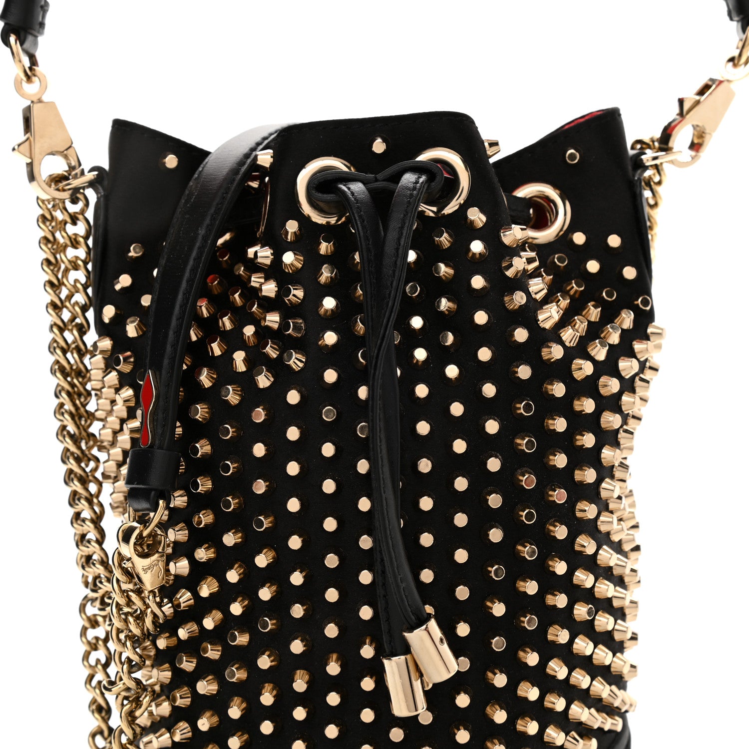 Christian Louboutin Silk Satin Calfskin Marie Jane Loubirun Studded Bucket Black Gold Platine 9 of 12