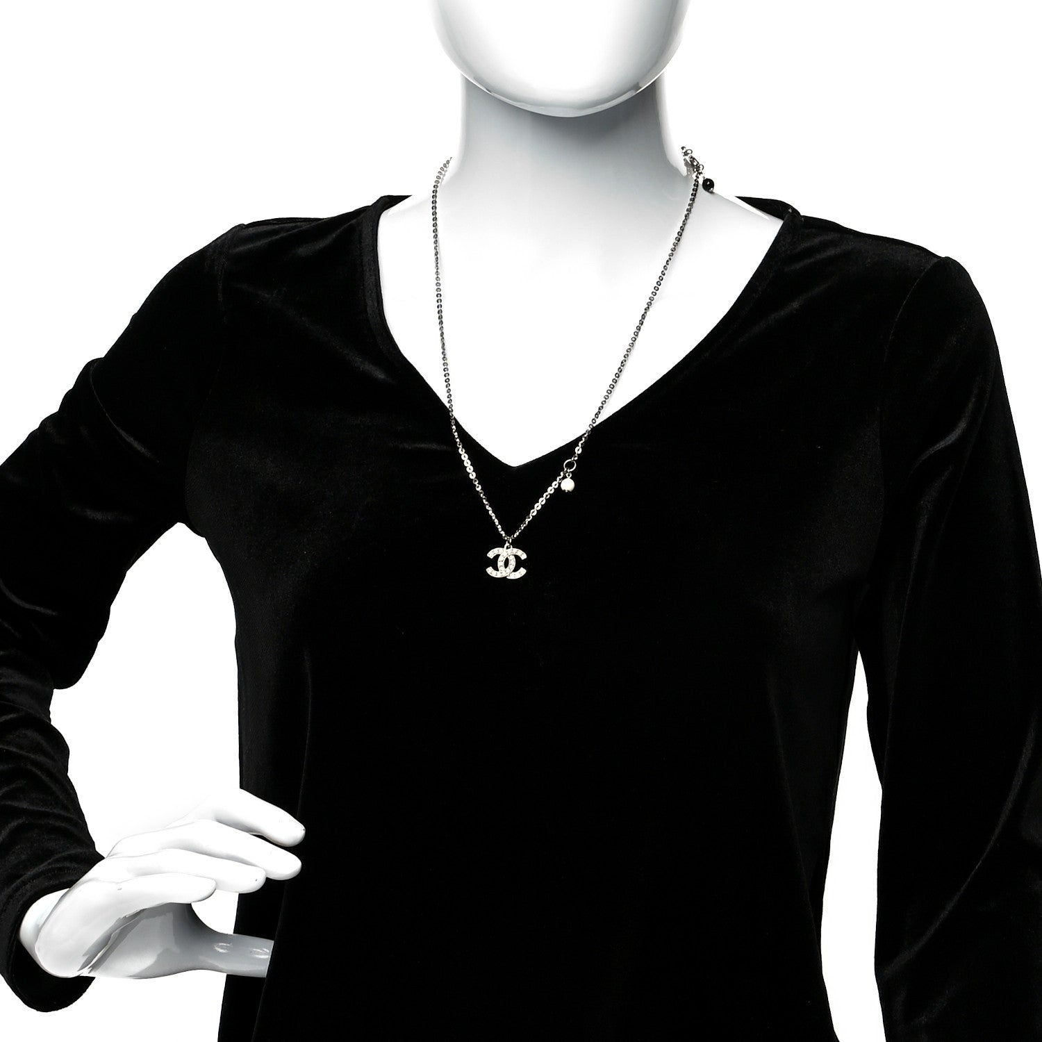 Chanel Crystal Pearl CC Pendant Necklace Silver Black 2 of 5