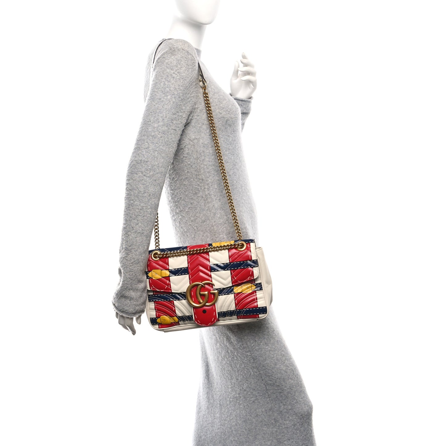 Calfskin Matelasse Trompe L'Oeil Print Medium GG Marmont Shoulder Bag Mystic White Hibiscus Red Marine Giallo
