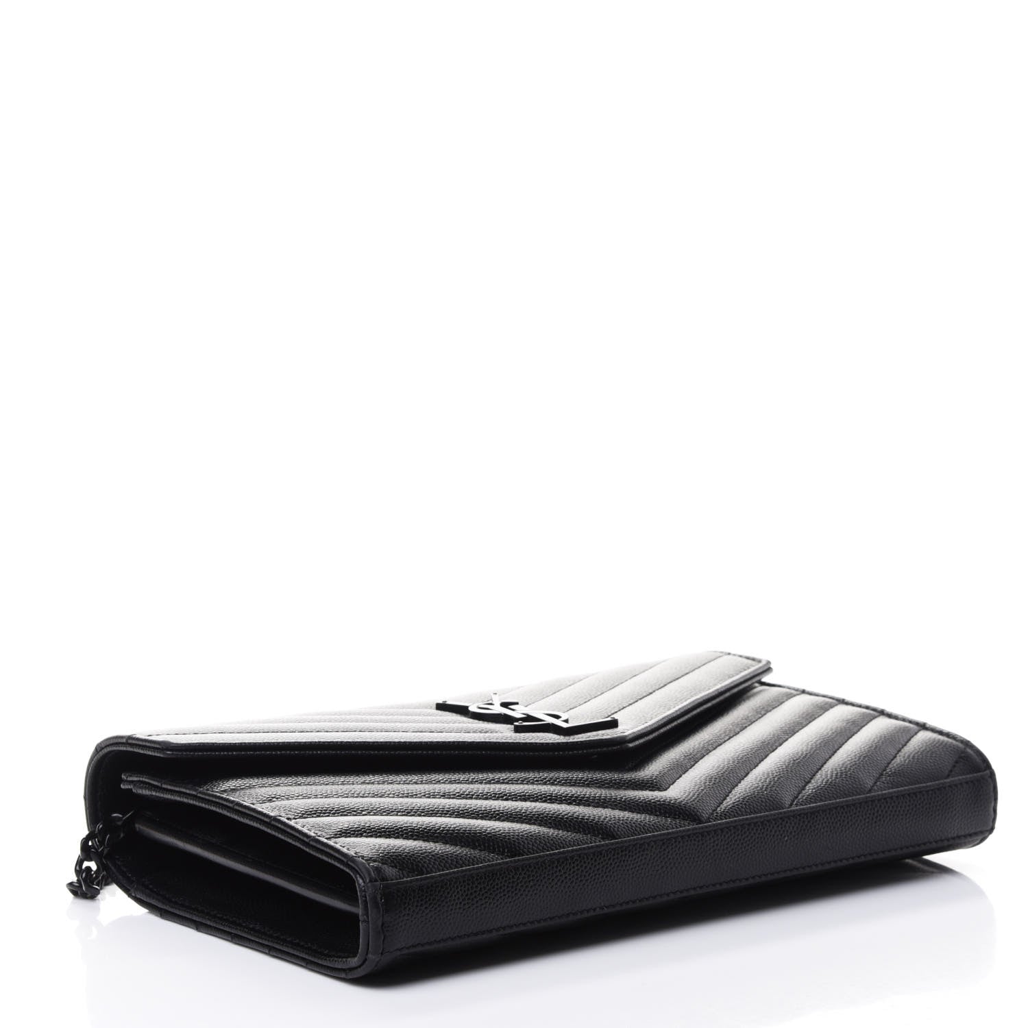 Saint Laurent Grain De Poudre Matelasse Chevron Monogram Chain Wallet Black 3 of 4