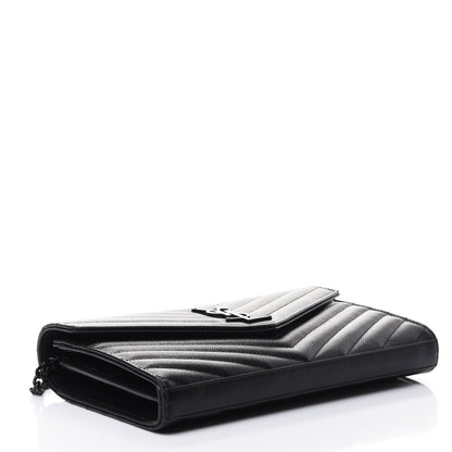 Saint Laurent Grain De Poudre Matelasse Chevron Monogram Chain Wallet Black 3 of 4