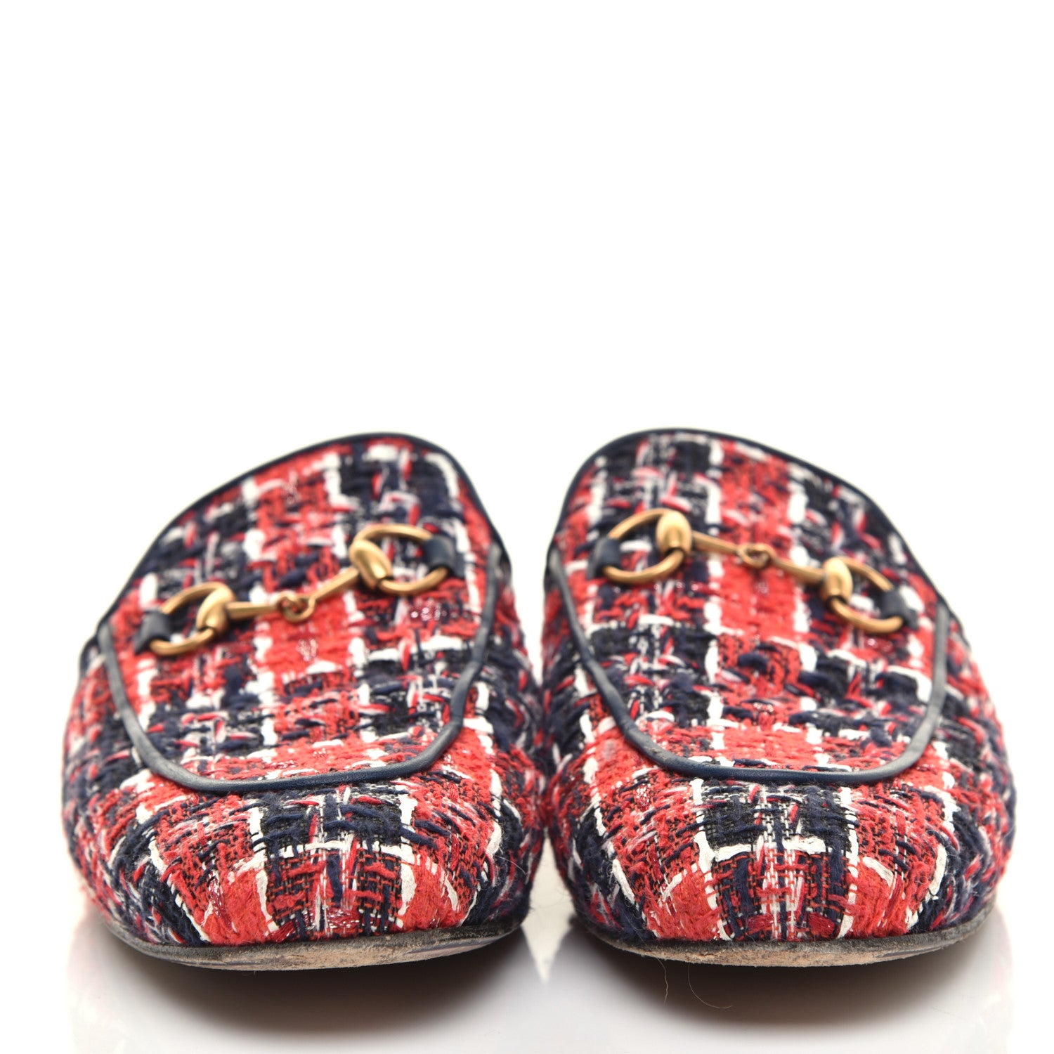 Gucci Tweed Check Womens Princetown Slippers 37 Hibiscus Red Royal Blue 2 of 9