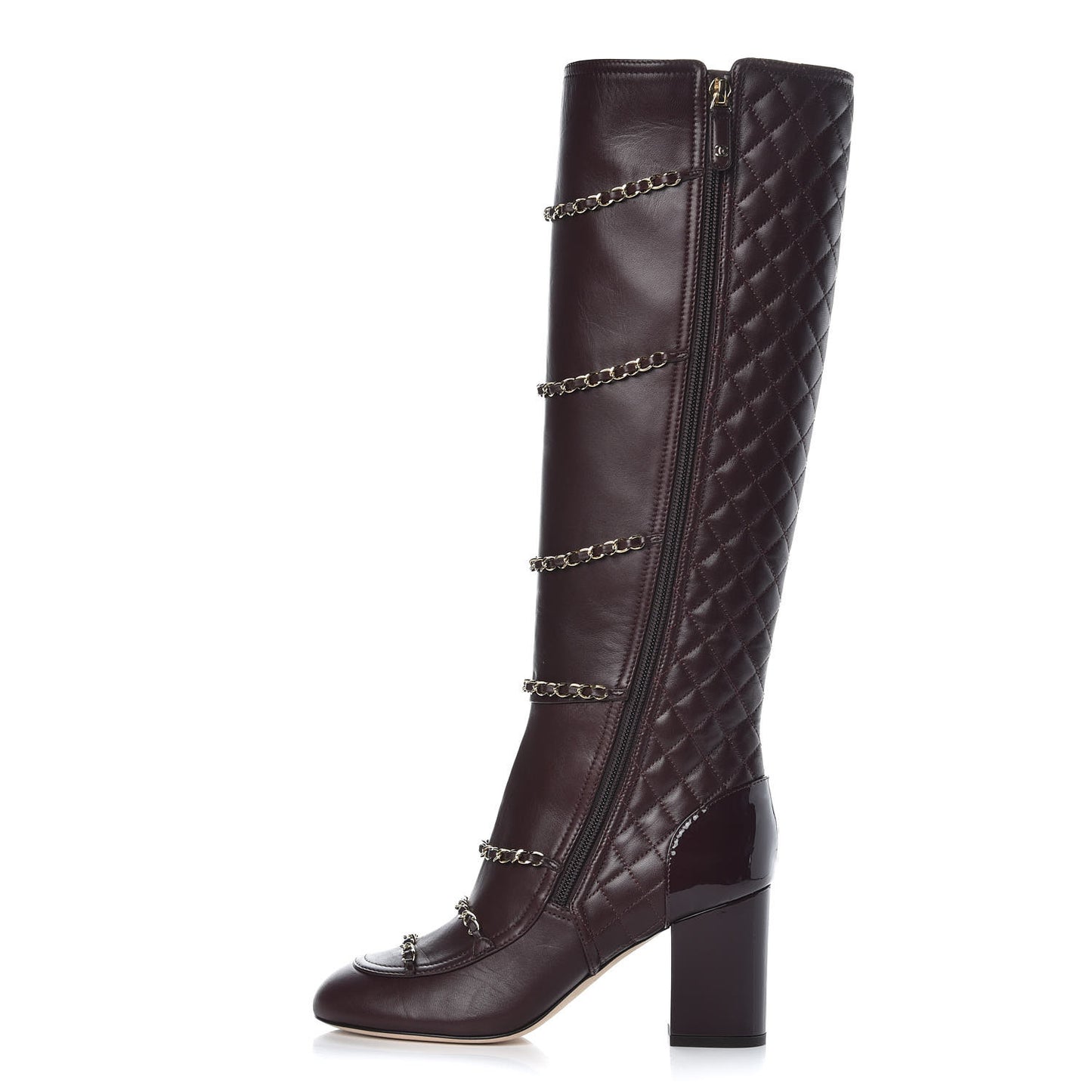 Lambskin Patent Calfskin Chained High Boots 38 Bordeaux