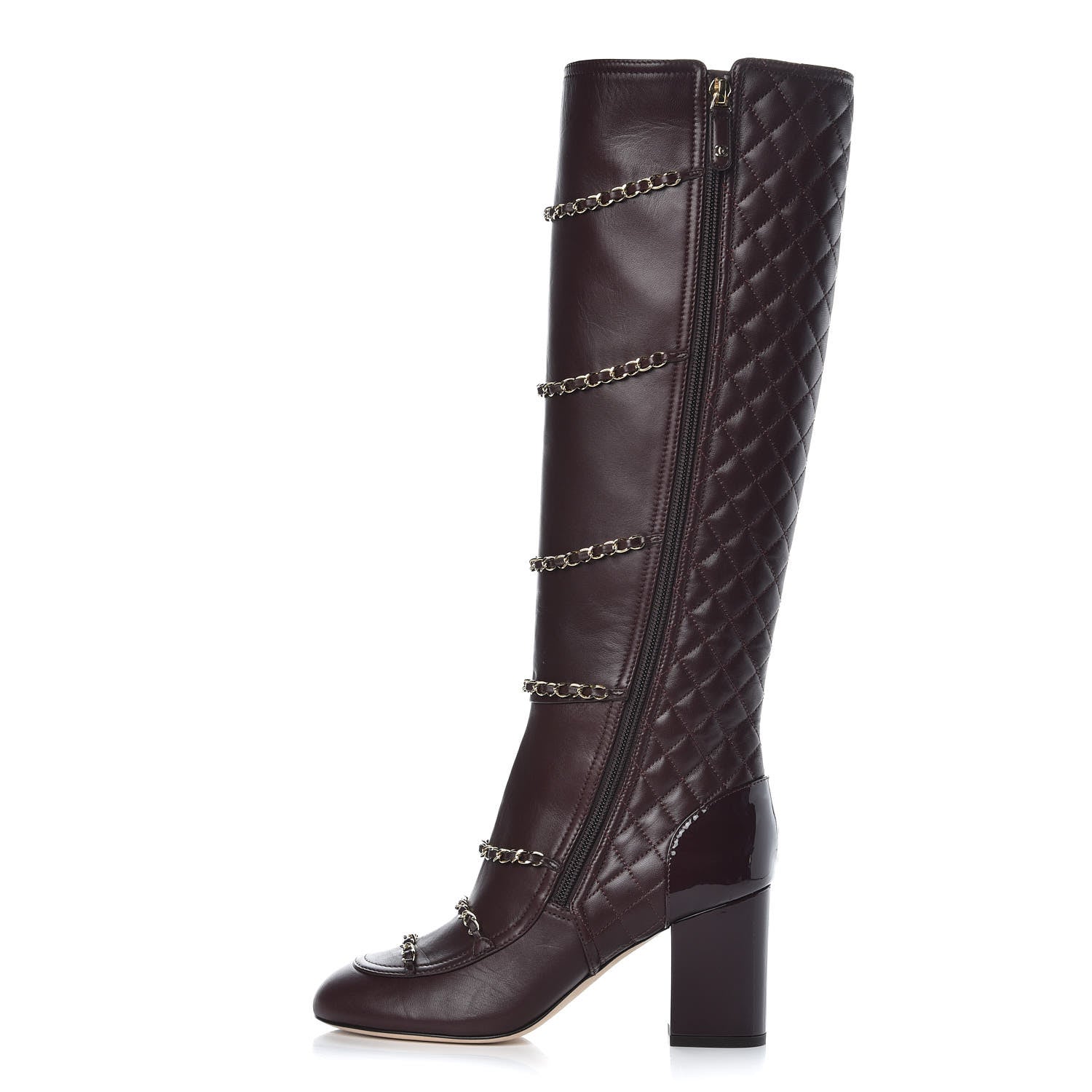 Chanel Lambskin Patent Calfskin Chained High Boots 38 Bordeaux 1 of 8