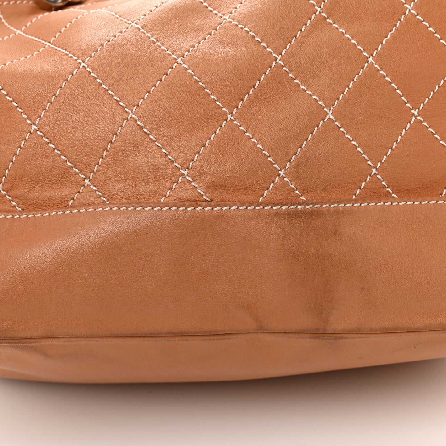 Lambskin Contrast Stitch Large Drawstring Tote Dark Beige