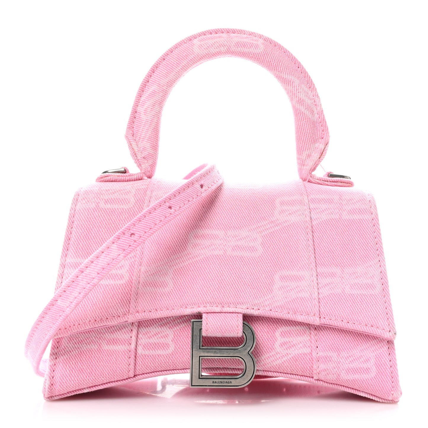Washed Denim BB Monogram Hourglass Top Handle Bag XS Pink
