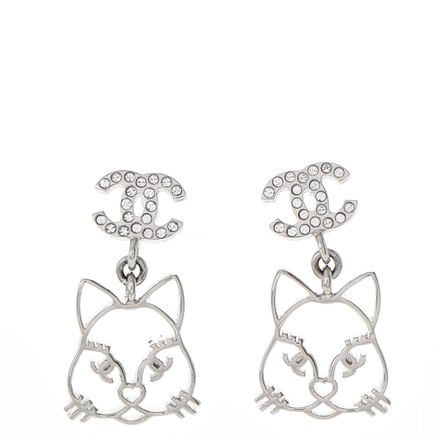 Crystal Emoji Choupette Cat CC Earrings Silver