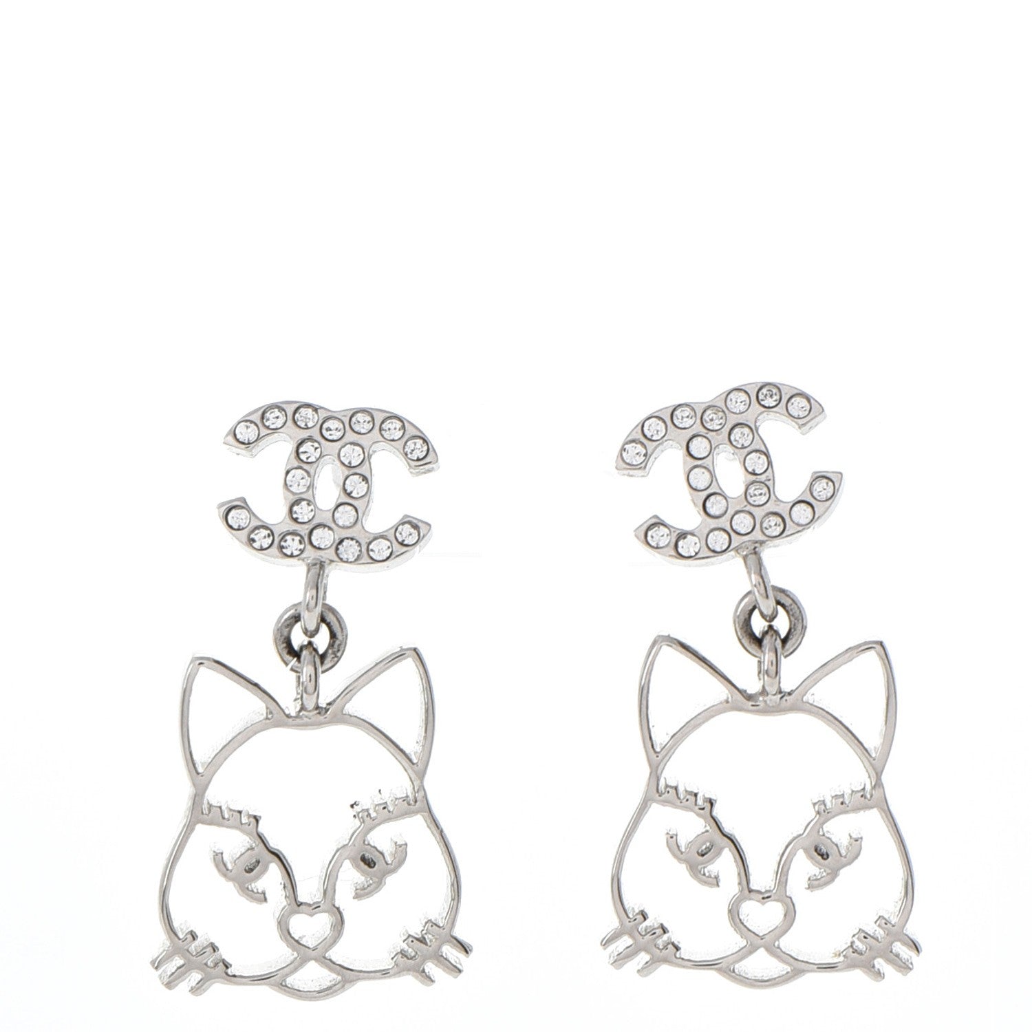 Chanel Crystal Emoji Choupette Cat CC Earrings Silver 1 of 6