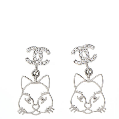 Chanel Crystal Emoji Choupette Cat CC Earrings Silver 1 of 6