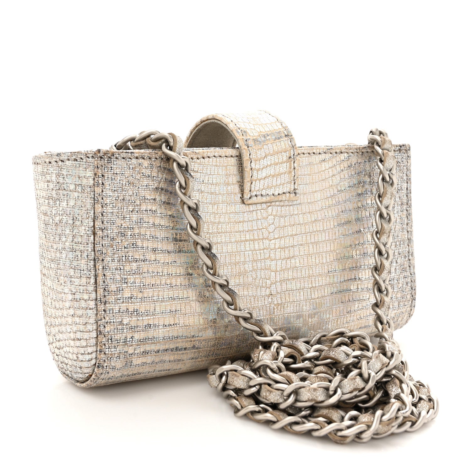 Chanel Iridescent Lizard Phone Holder Crossbody Silver 3 of 12