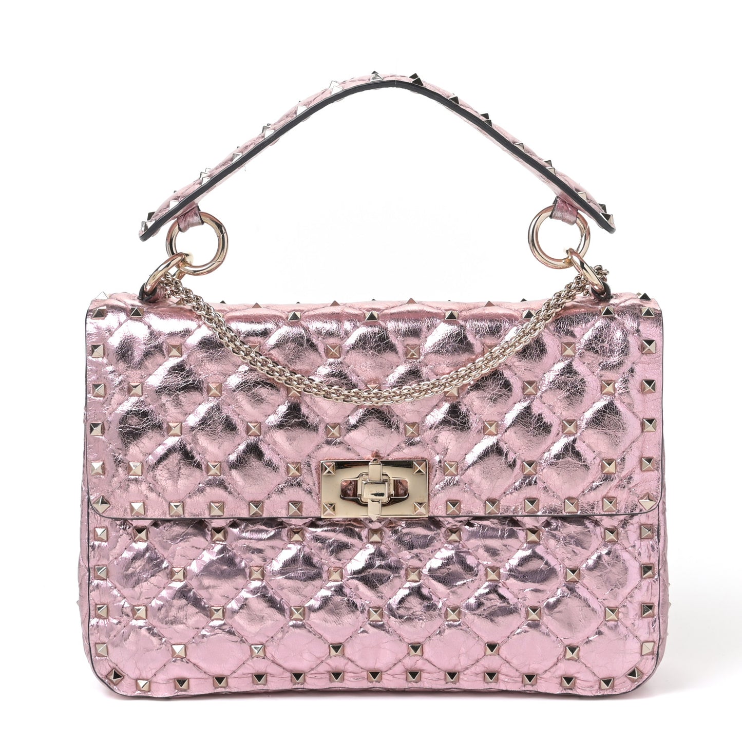 Metallic Wrinkled Lambskin Medium Rockstud Spike Shoulder Bag Lipstick