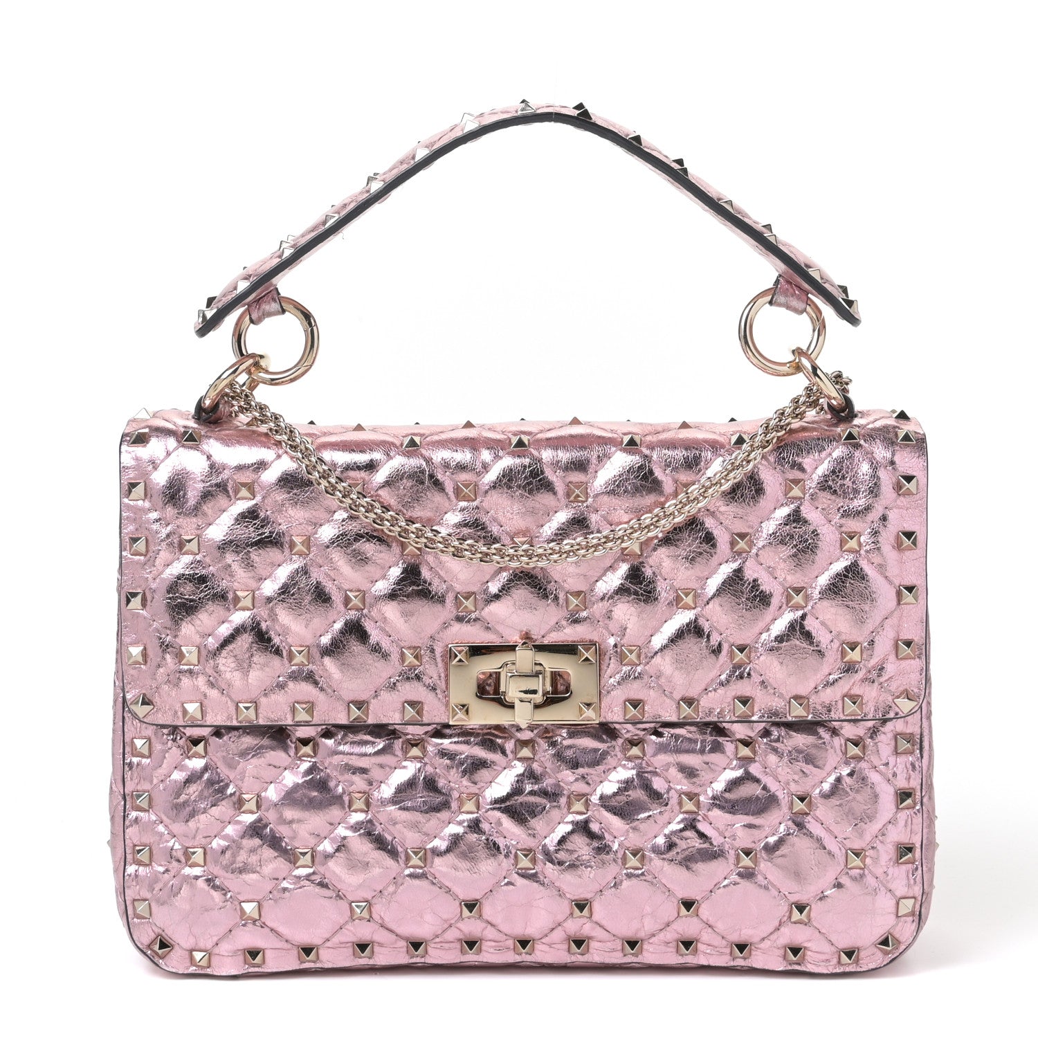 Valentino Garavani Metallic Wrinkled Lambskin Medium Rockstud Spike Shoulder Bag Lipstick 1 of 4