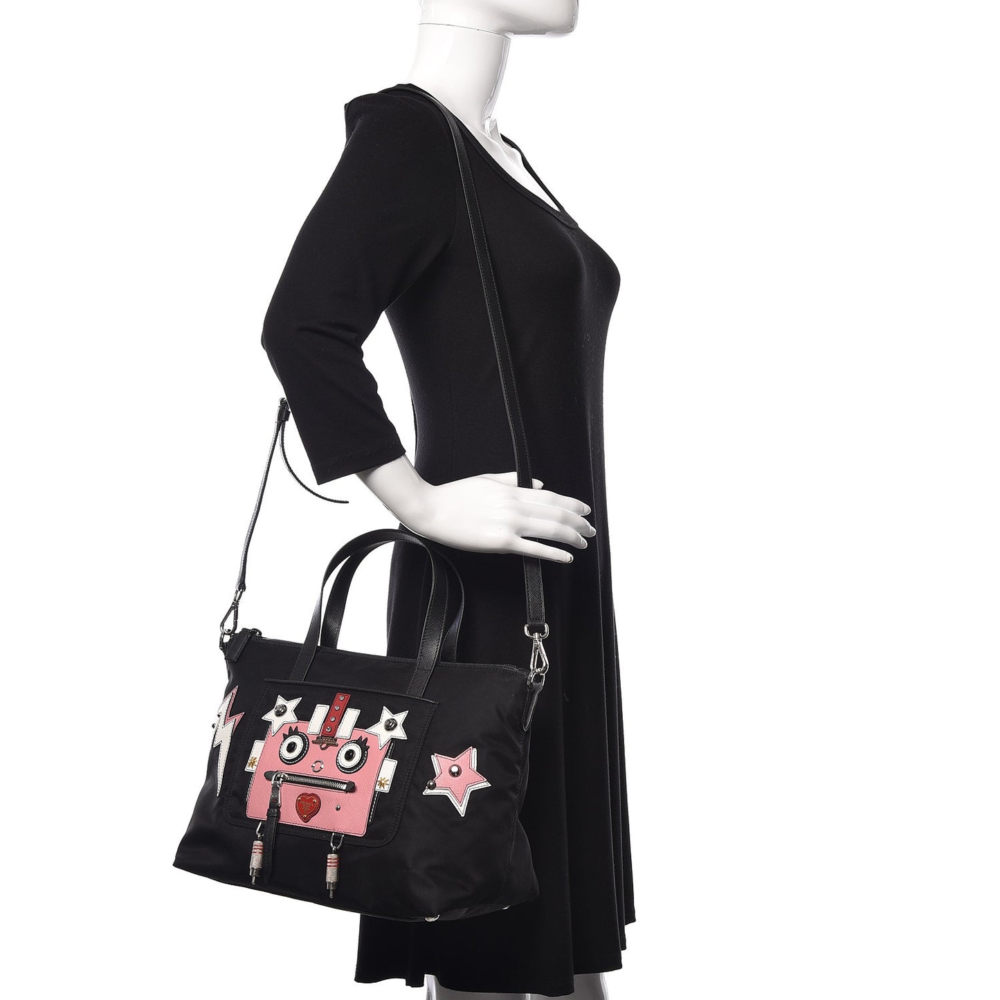 Nylon Tessuto Saffiano Robot Tote Bag Black Petal