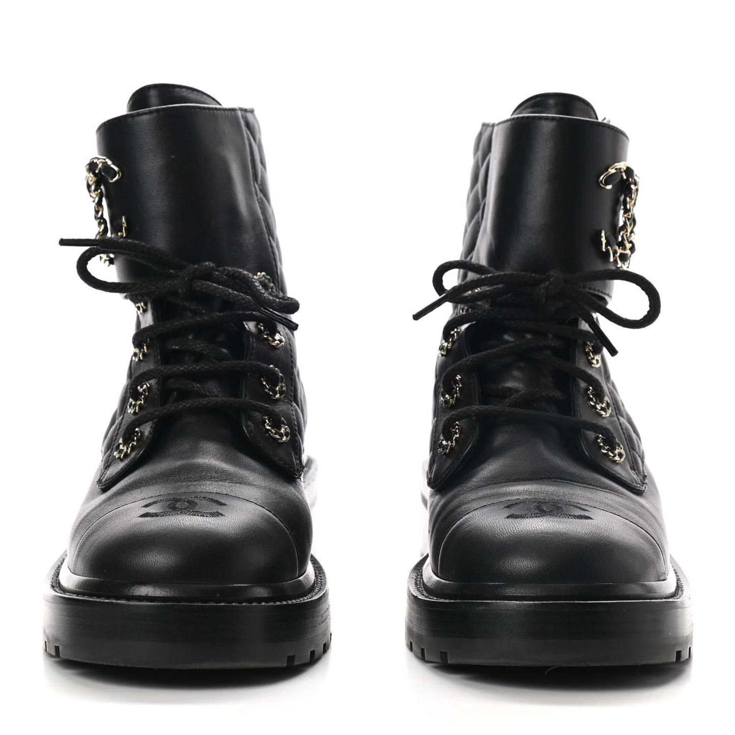 Shiny Lambskin Quilted Lace Up Combat Boots 39 Black