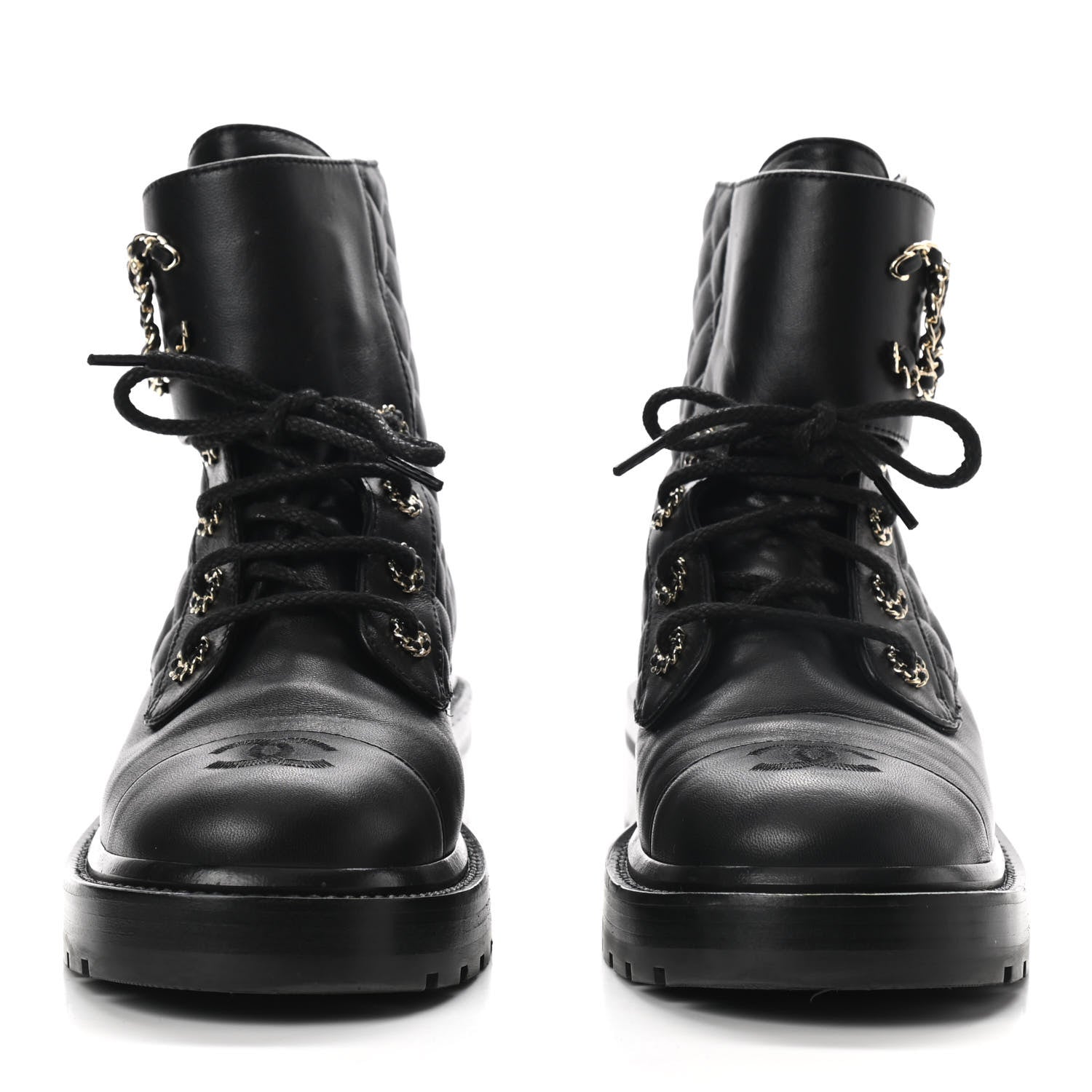 Chanel Shiny Lambskin Quilted Lace Up Combat Boots 39 Black 3 of 8