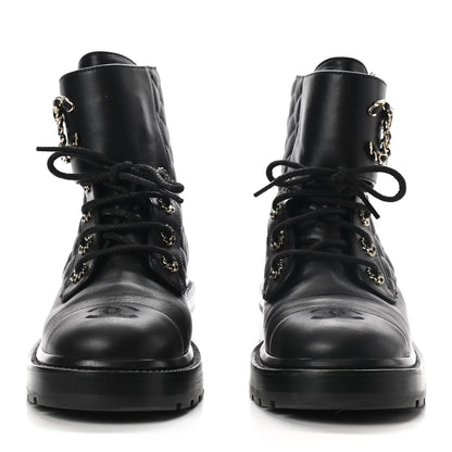Chanel Shiny Lambskin Quilted Lace Up Combat Boots 39 Black 3 of 8