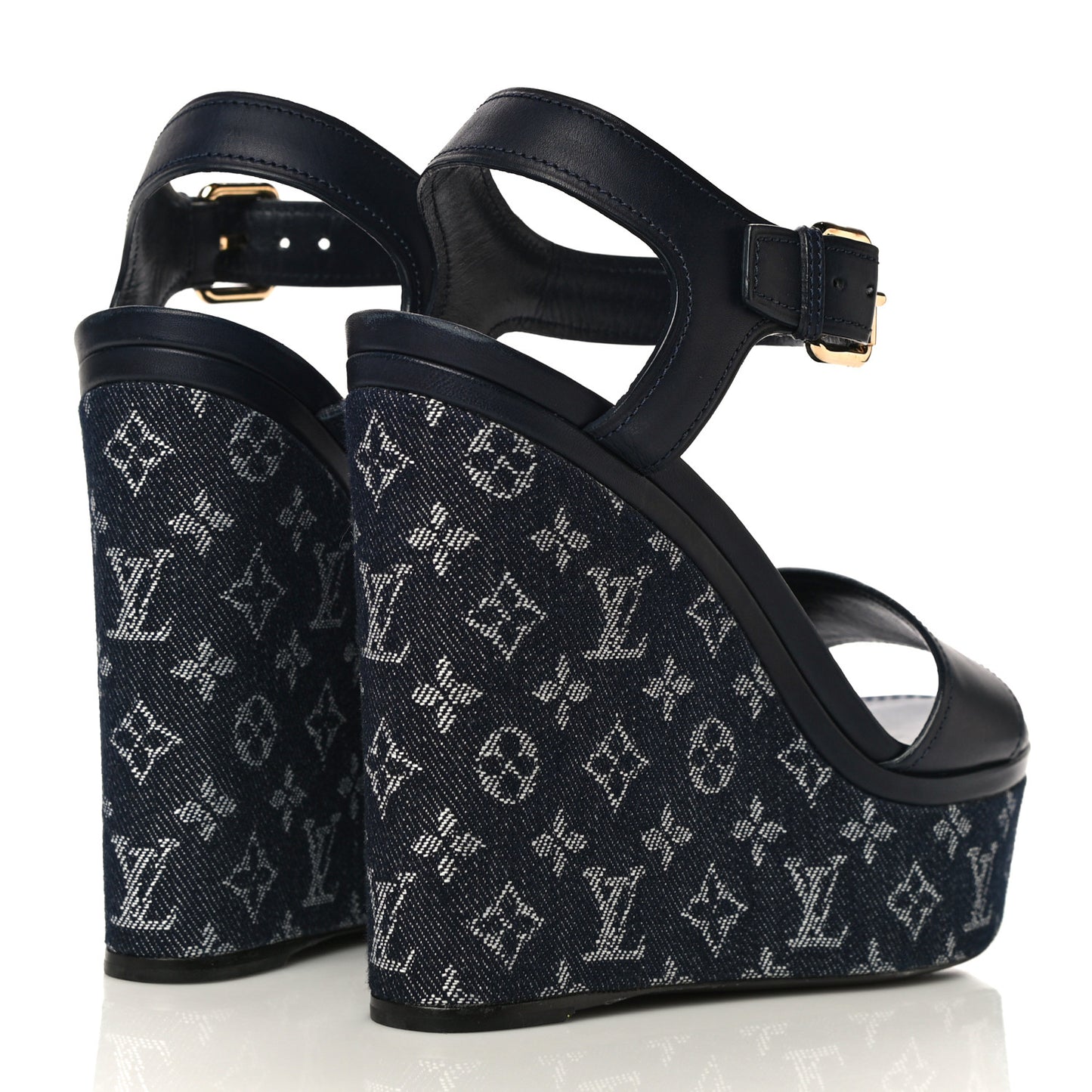 Calfskin Monogram Denim Waterfall Wedge Sandals 38 Blue
