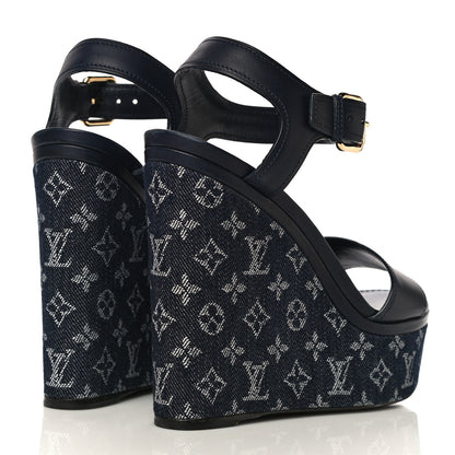 Louis Vuitton Calfskin Monogram Denim Waterfall Wedge Sandals 38 Blue 4 of 18