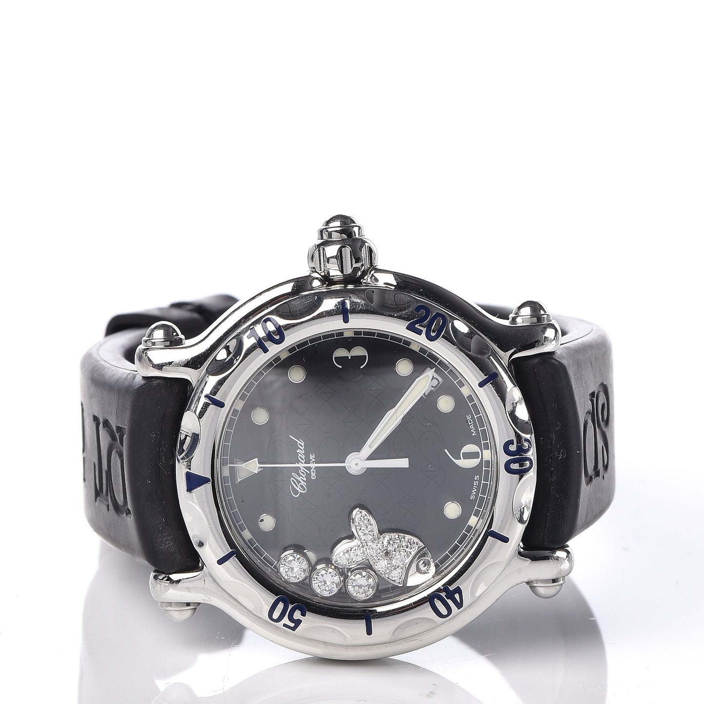 Stainless Steel Rubber Diamond 38mm Happy Sport Fish Quartz Watch Black