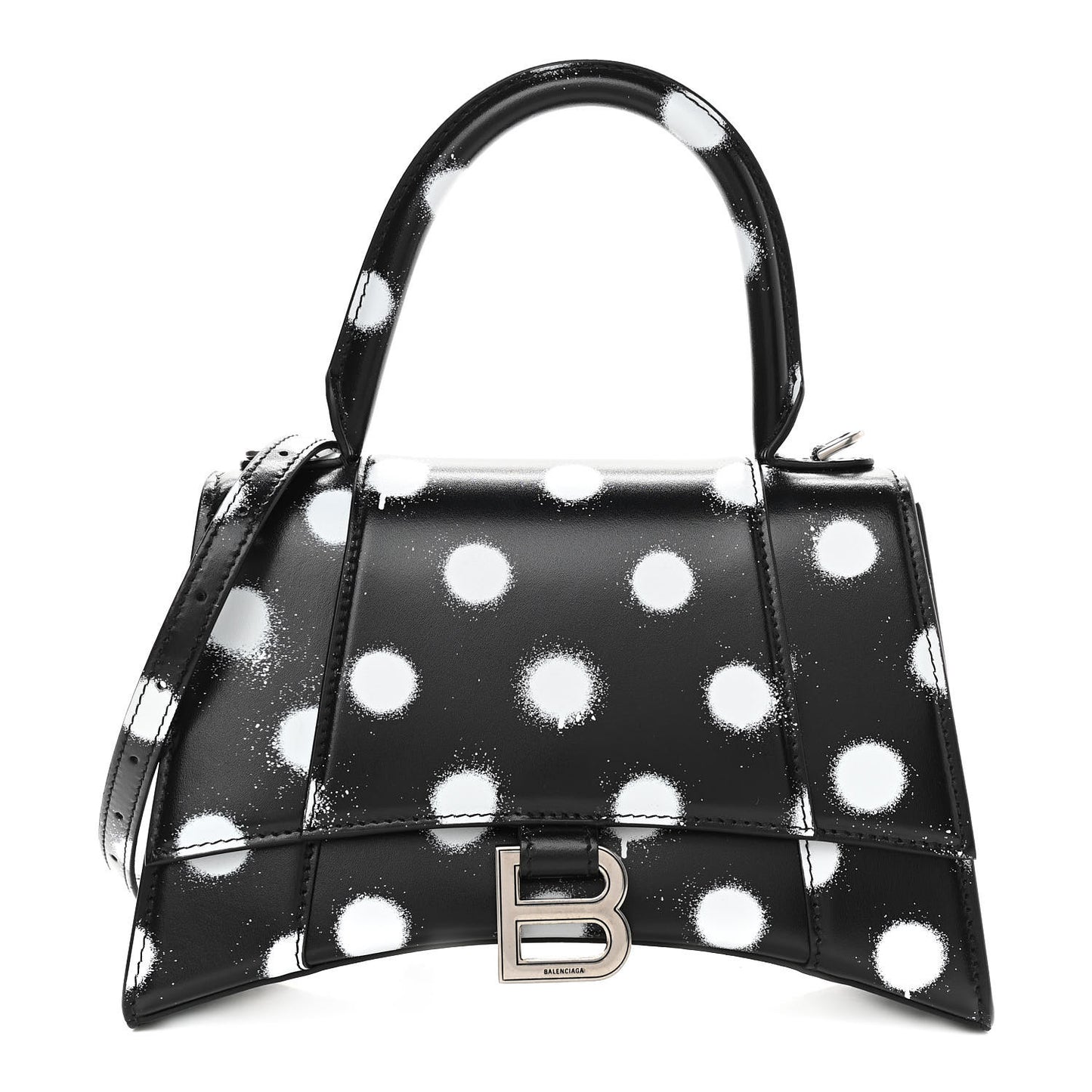 Smooth Calfskin Spray Polka Dot Small Hourglass Top Handle Bag Black White