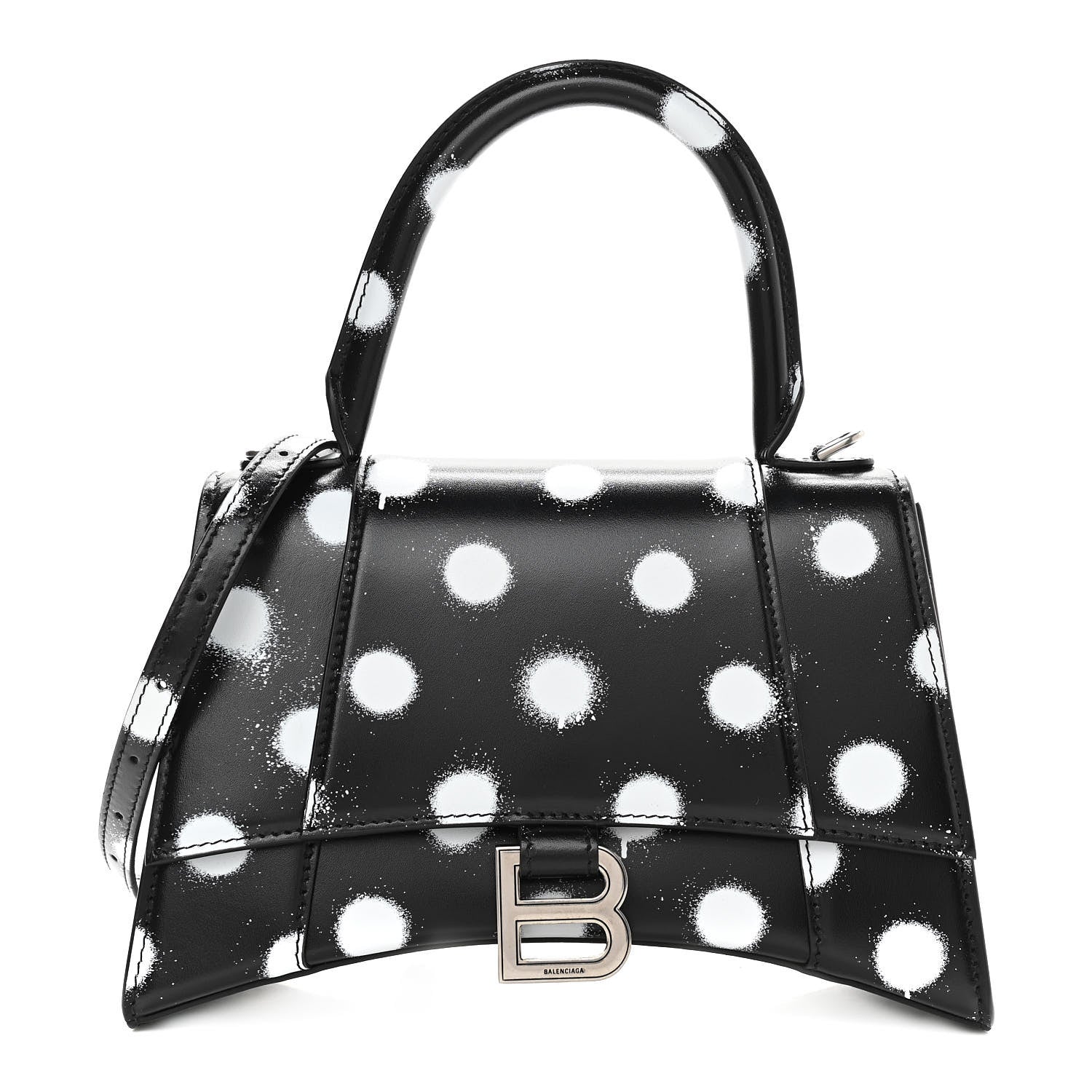 Balenciaga Smooth Calfskin Spray Polka Dot Small Hourglass Top Handle Bag Black White 1 of 10