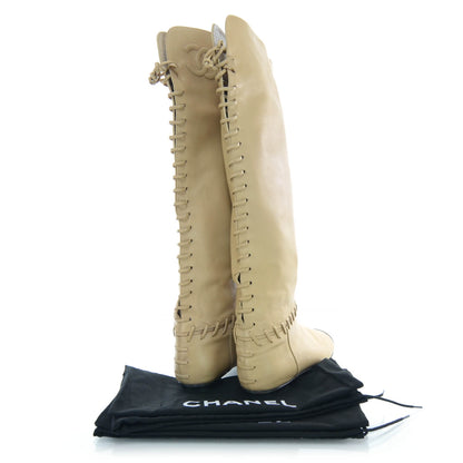 Chanel Leather Lace Up Tall Flat Boots 39 3 of 6