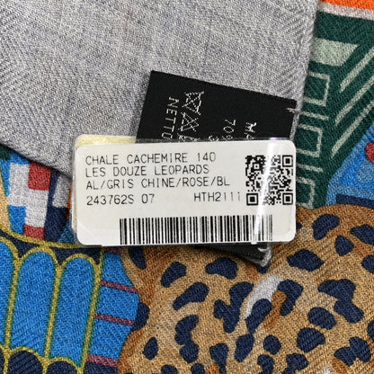 Hermes Cashmere Silk Les Douze Leopards Shawl 140 Gris Chine Rose White 3 of 5