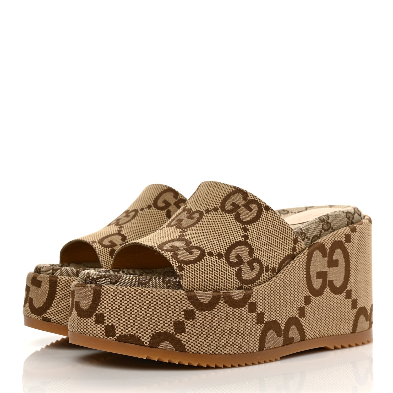 Gucci Monogram Jumbo GG Platform Slide Wedge Sandals 41.5 Camel Ebony 3 of 9