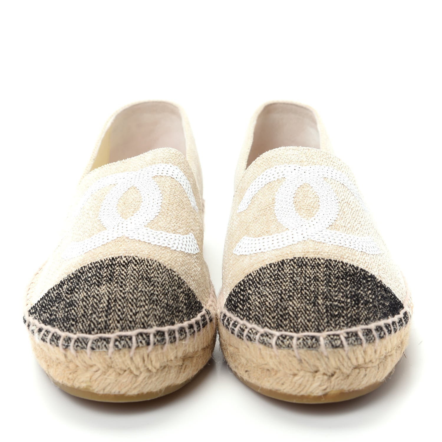 Chanel Toile Sequin CC Espadrilles 37 Beige Black 2 of 11