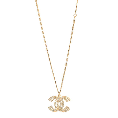 Chanel Metal Crystal Baguette CC Pendant Necklace Gold 1 of 4