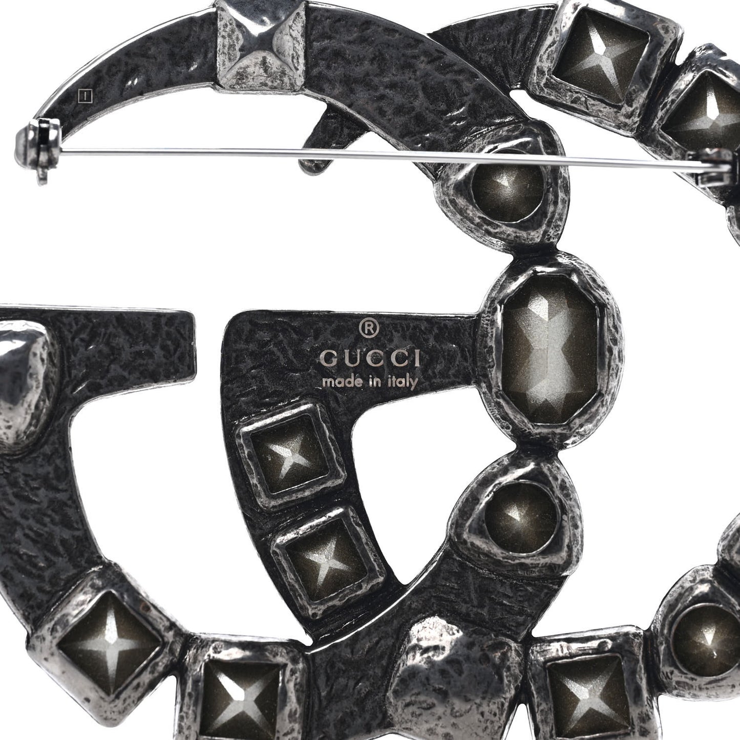 Metal Crystal Double G Brooch Silver