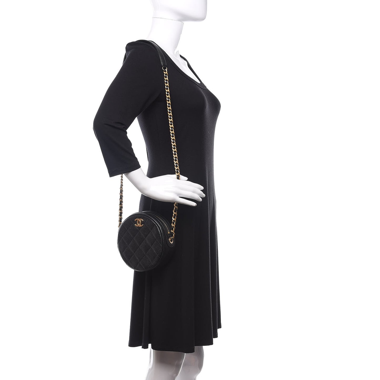 Caviar Quilted Small Round Bag With Chain Black