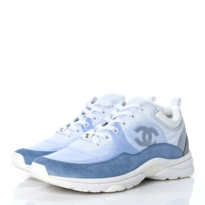 Chanel Nylon Calfskin Suede Womens CC Sneakers 39.5 White Grey Blue 4 of 10