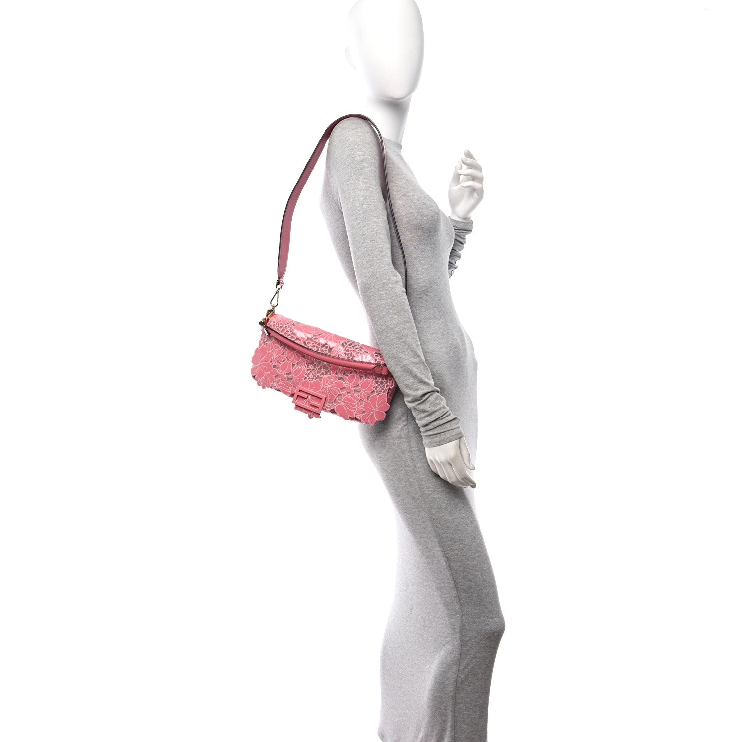 Fendi Mesh Patent Floral Embroidered Monochrome Baguette Pink 2 of 10