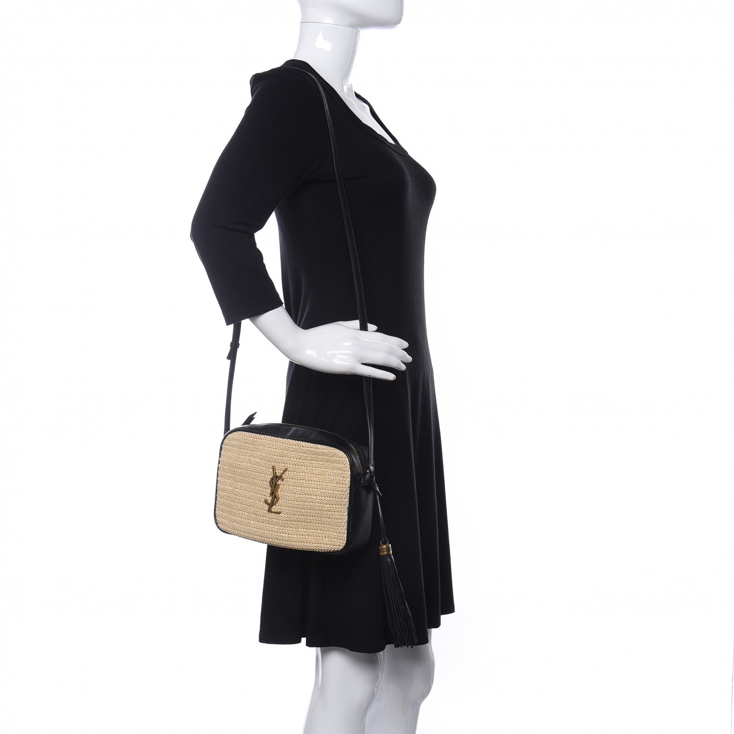 Saint Laurent Raffia Canvas Monogram Lou Camera Bag Beige Black 2 of 9