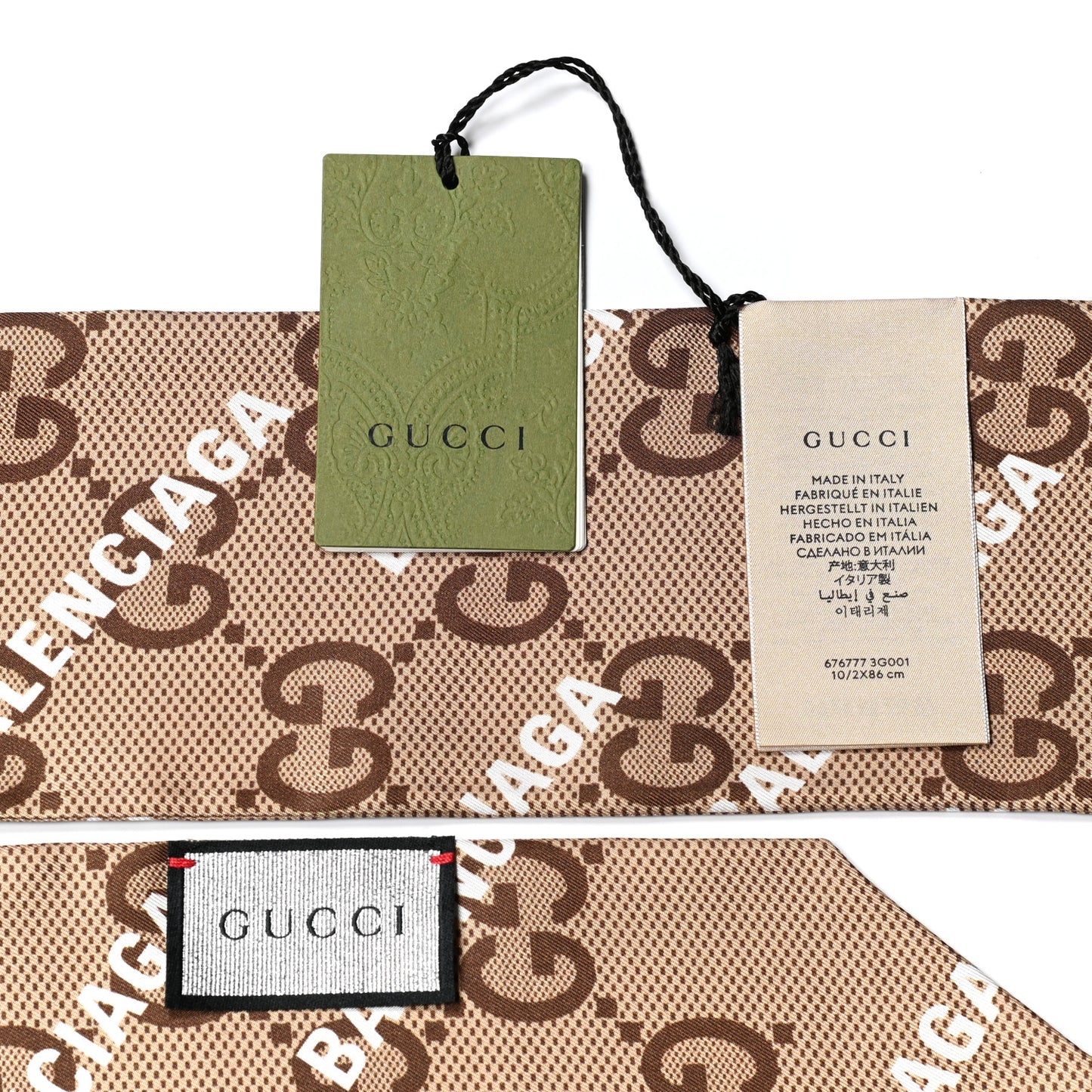 X BALENCIAGA Silk Twill Maxi GG Monogram GG B Neck Bow Scarf Beige White