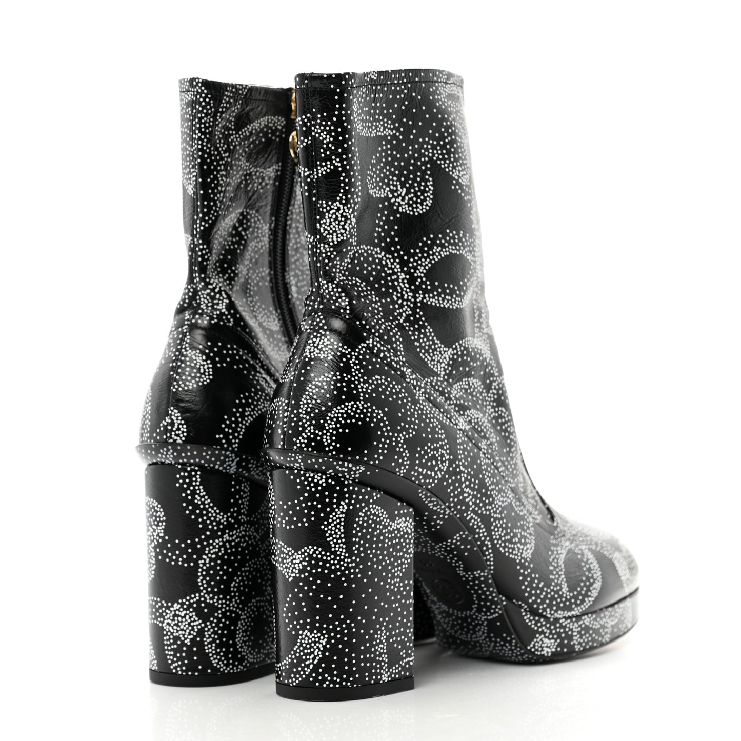 Calfskin Camellia Printed Ankle Boots 39 Black White