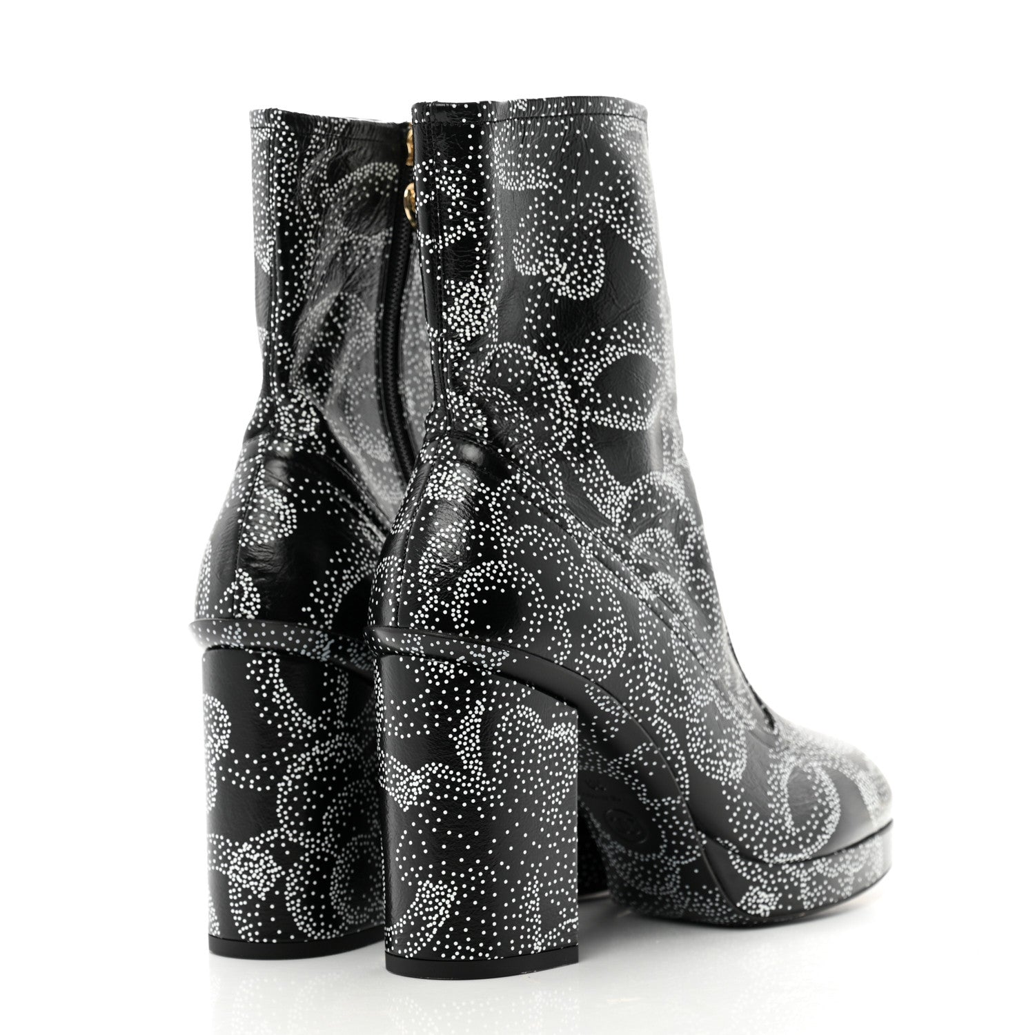 Chanel Calfskin Camellia Printed Ankle Boots 39 Black White 5 of 9