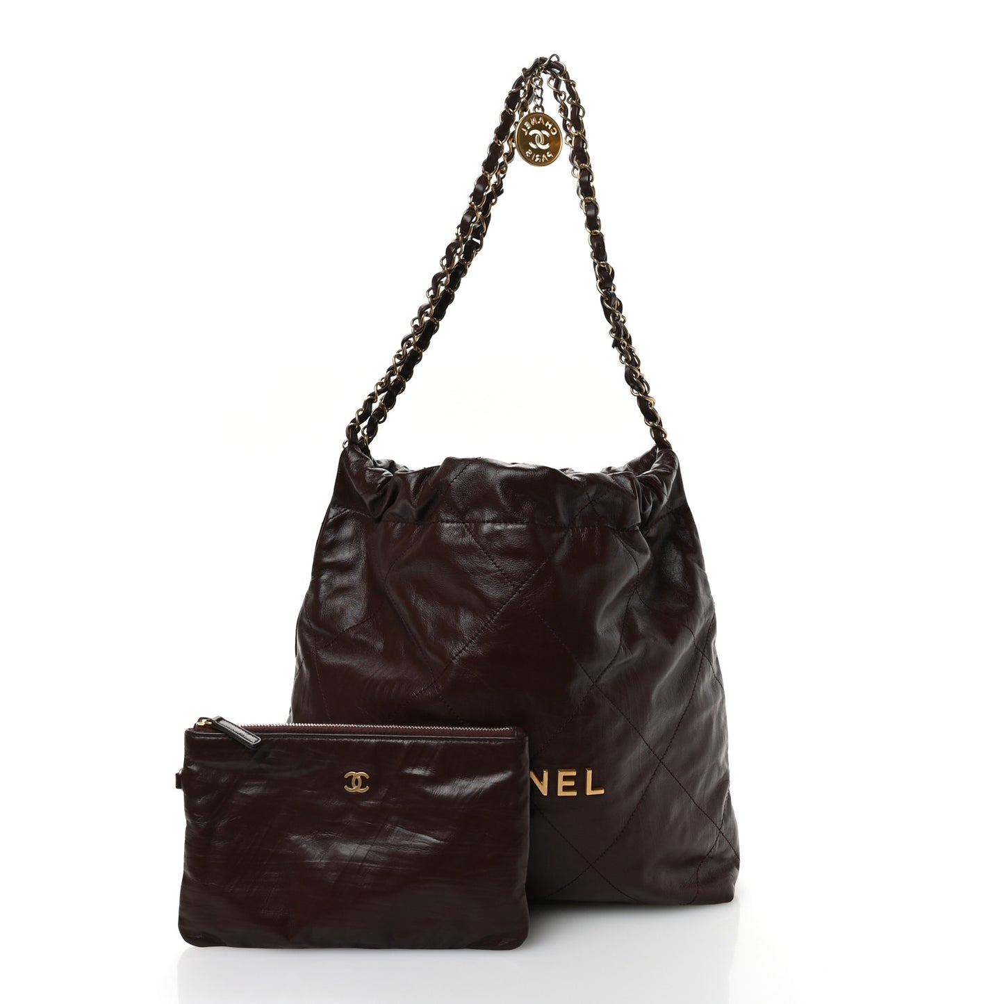 Shiny Calfskin Quilted Small Chanel 22 Dark Brown