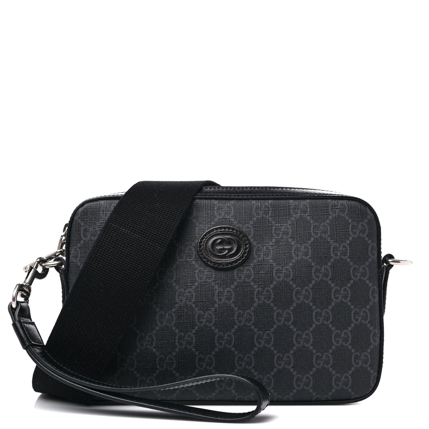GG Supreme Monogram Azalea Calfskin Retro Interlocking G Wristlet Shoulder Bag Black