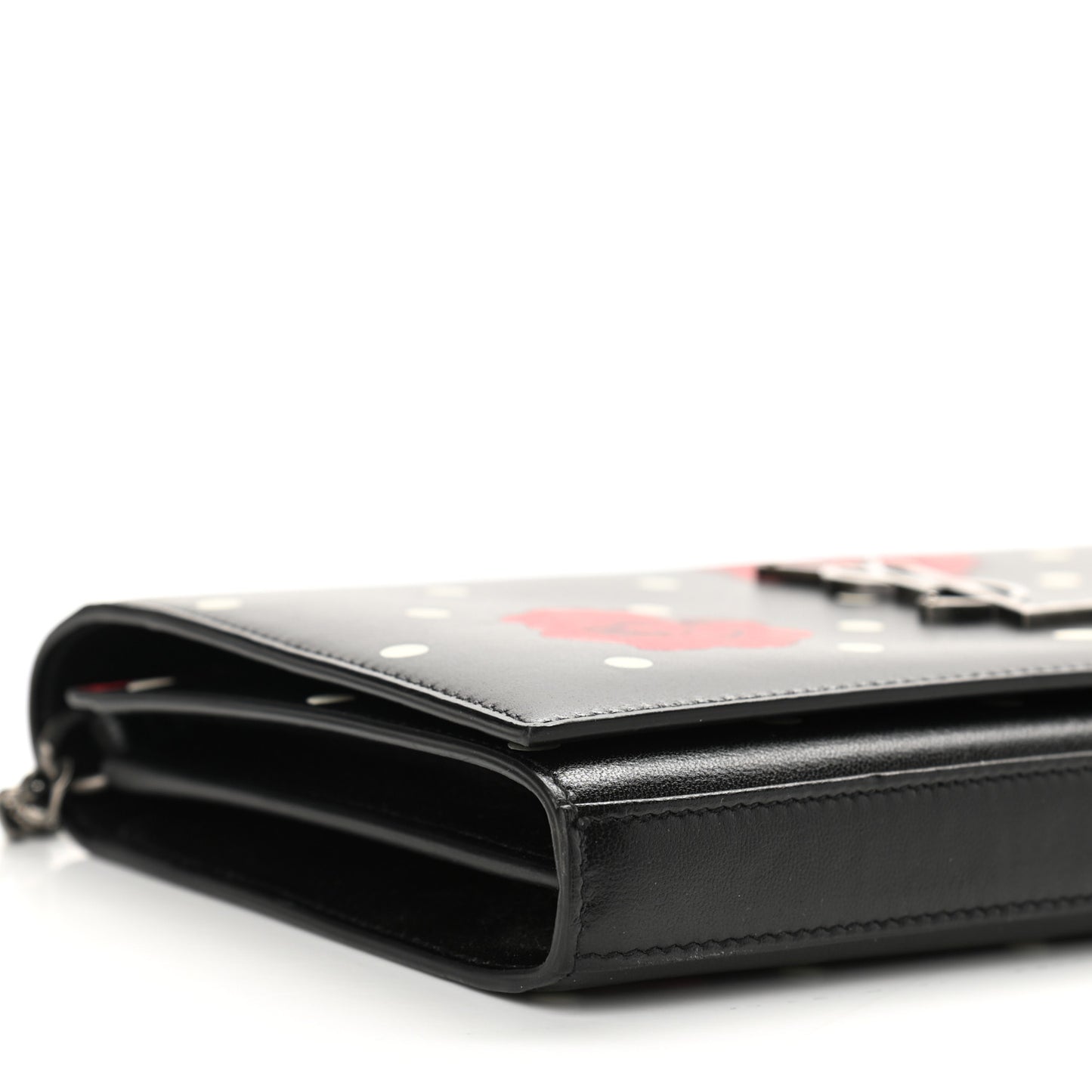 Calfskin Polka Dot Floral Print Monogram Chain Wallet Black