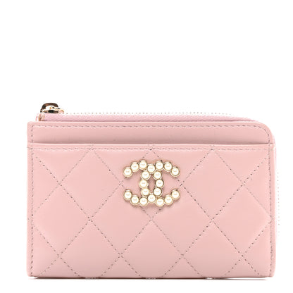 Chanel Lambskin Quilted Pearl Crystal CC Zip Around Card Holder Pink 1 of 9