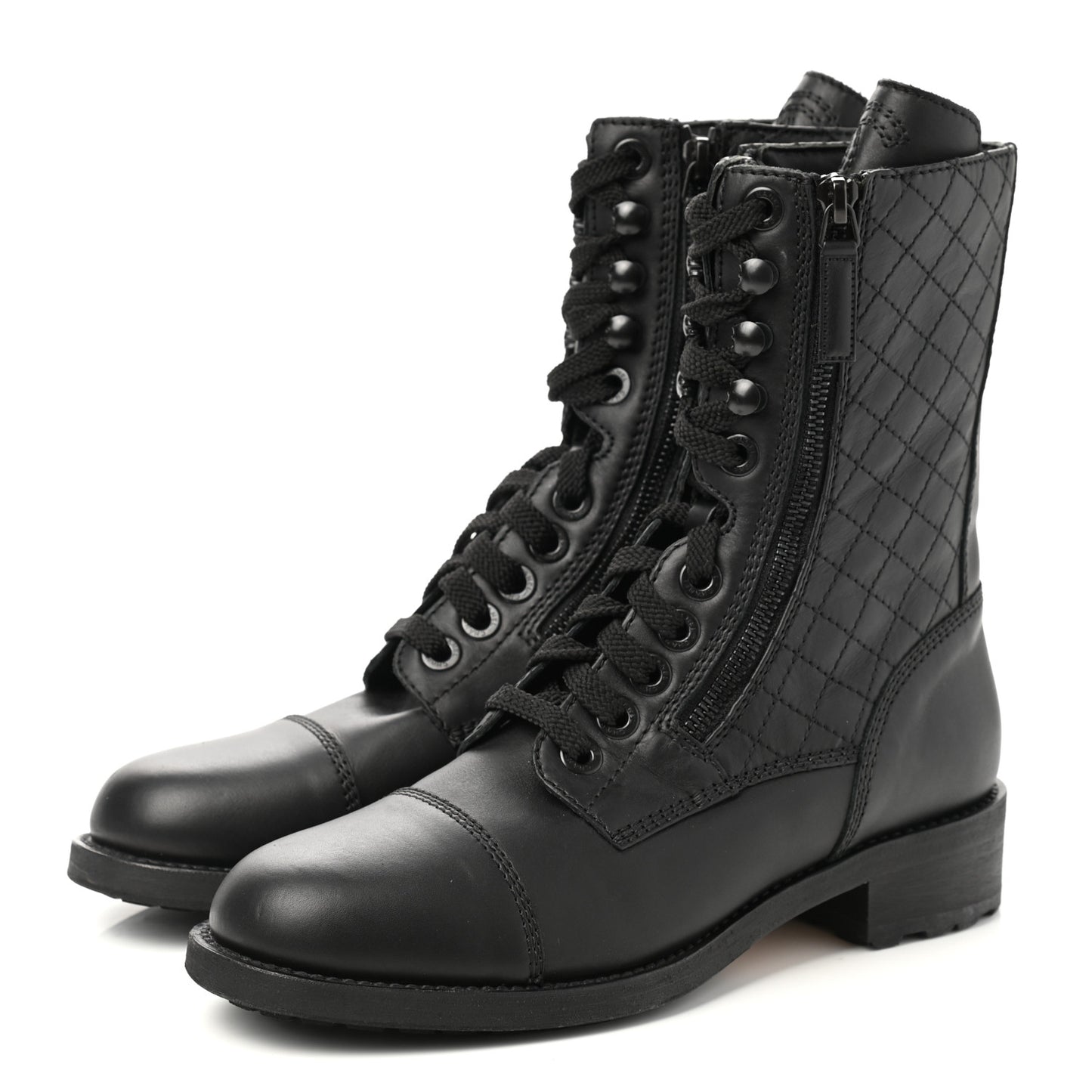 Calfskin Quilted Lace Up Combat Boots 37.5 Black